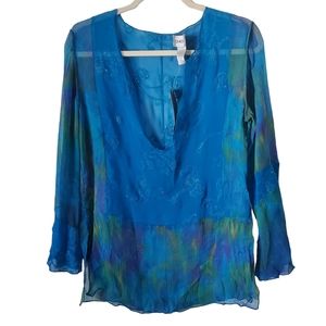 NWT Chico's Blue Sheer 100% Silk Embroidery Pullover Blouse